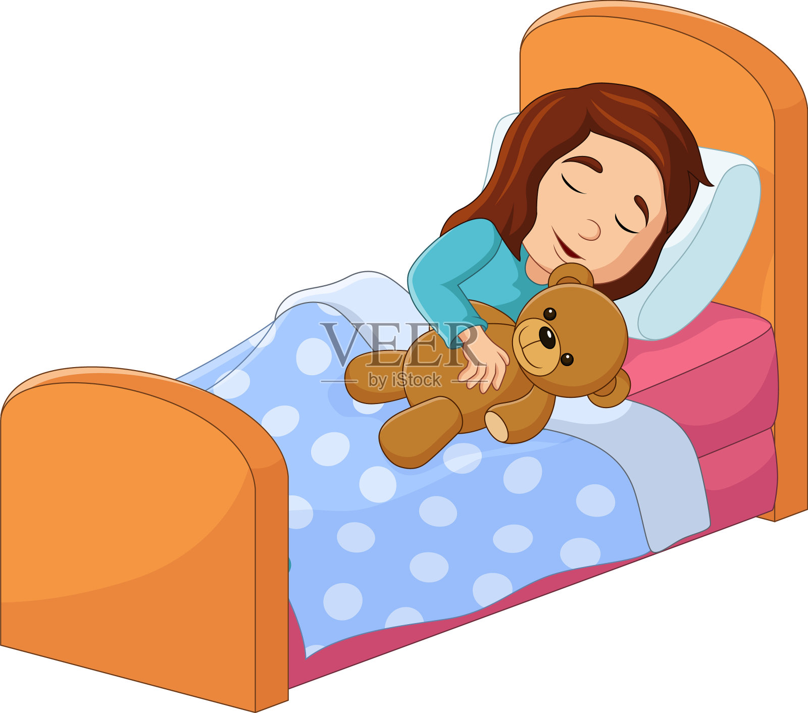 可爱的亚洲小女孩睡觉和拥抱泰迪熊照片摄影图片_ID:161319161-Veer图库