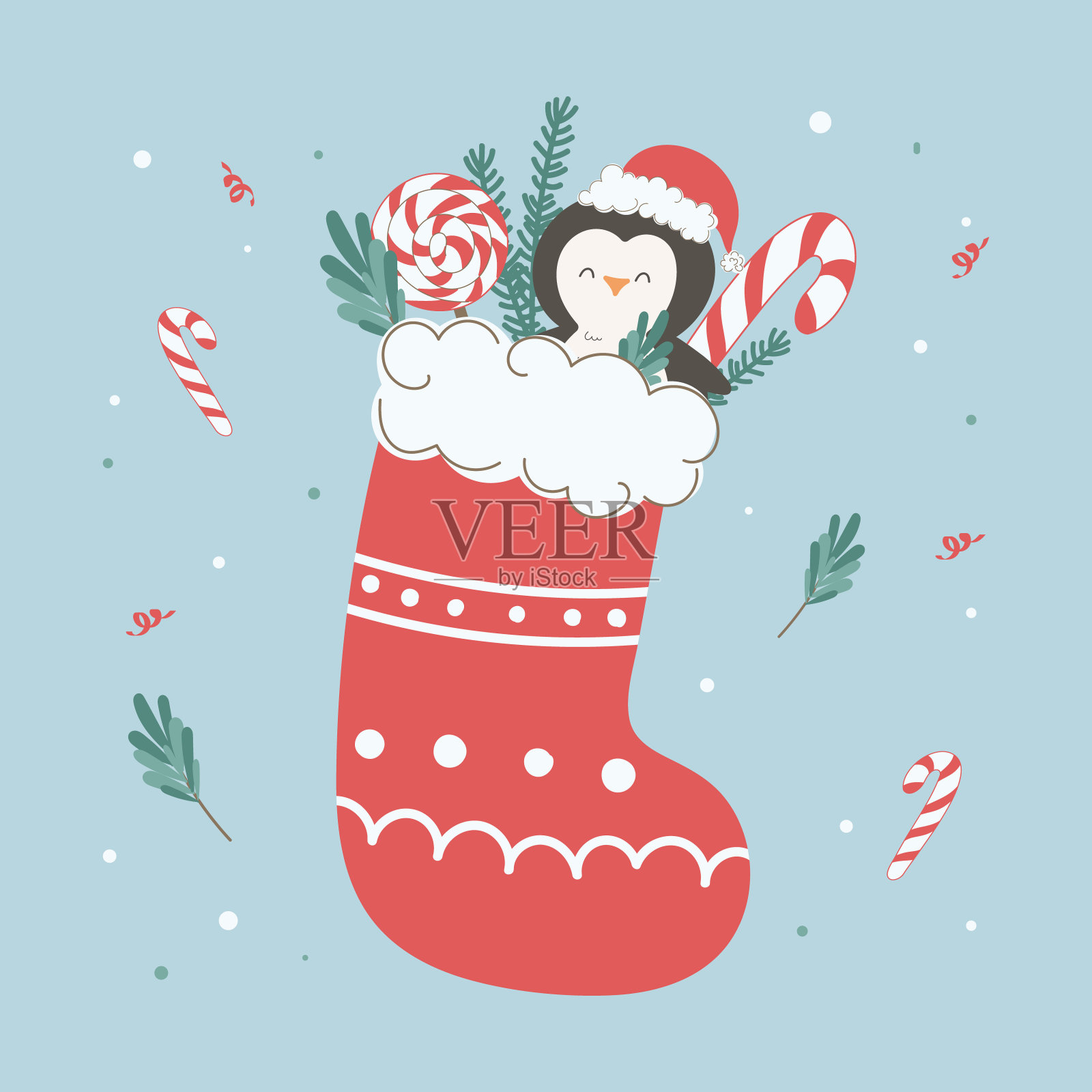 矢量插图的圣诞袜子与可爱的企鹅和糖果在手排风格。圣诞和新年的明信片和装饰的概念插画图片素材