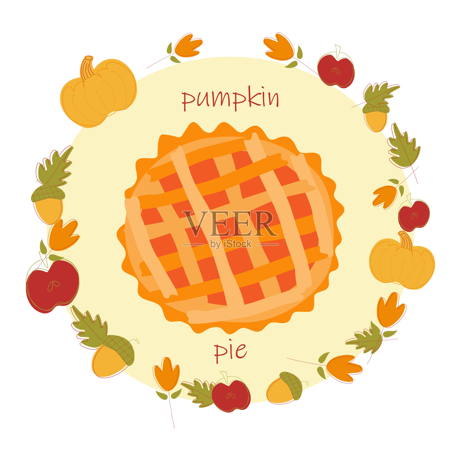 南瓜派矢量插图。秋季时令烘焙食品。感恩节甜点。苹果、树叶、橡子、南瓜元素。红色，黄色，绿色秋天的颜色。设计元素图片