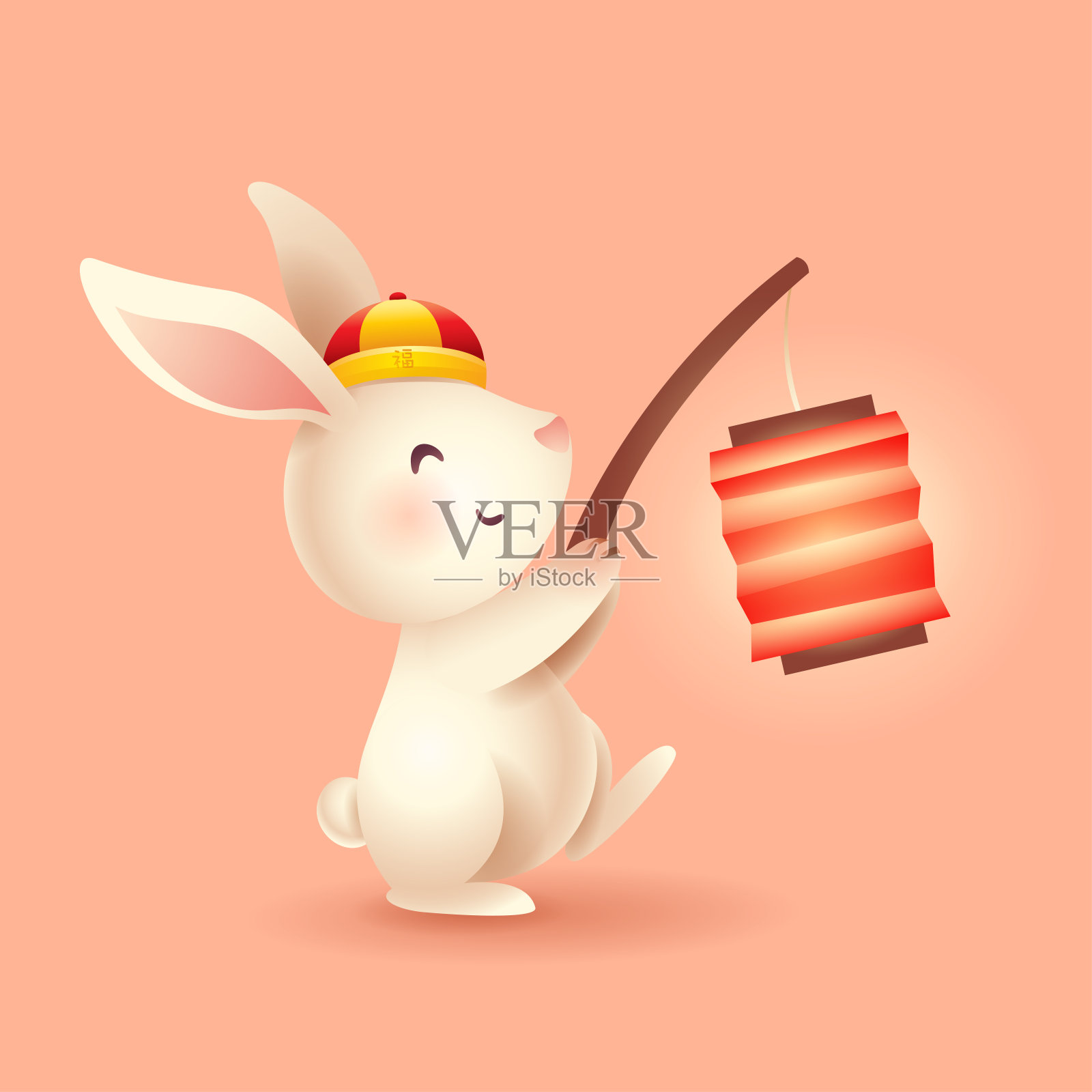 可爱的兔子拿着一盏中国东方灯笼。兔年。翻译——祝你好运。插画图片素材