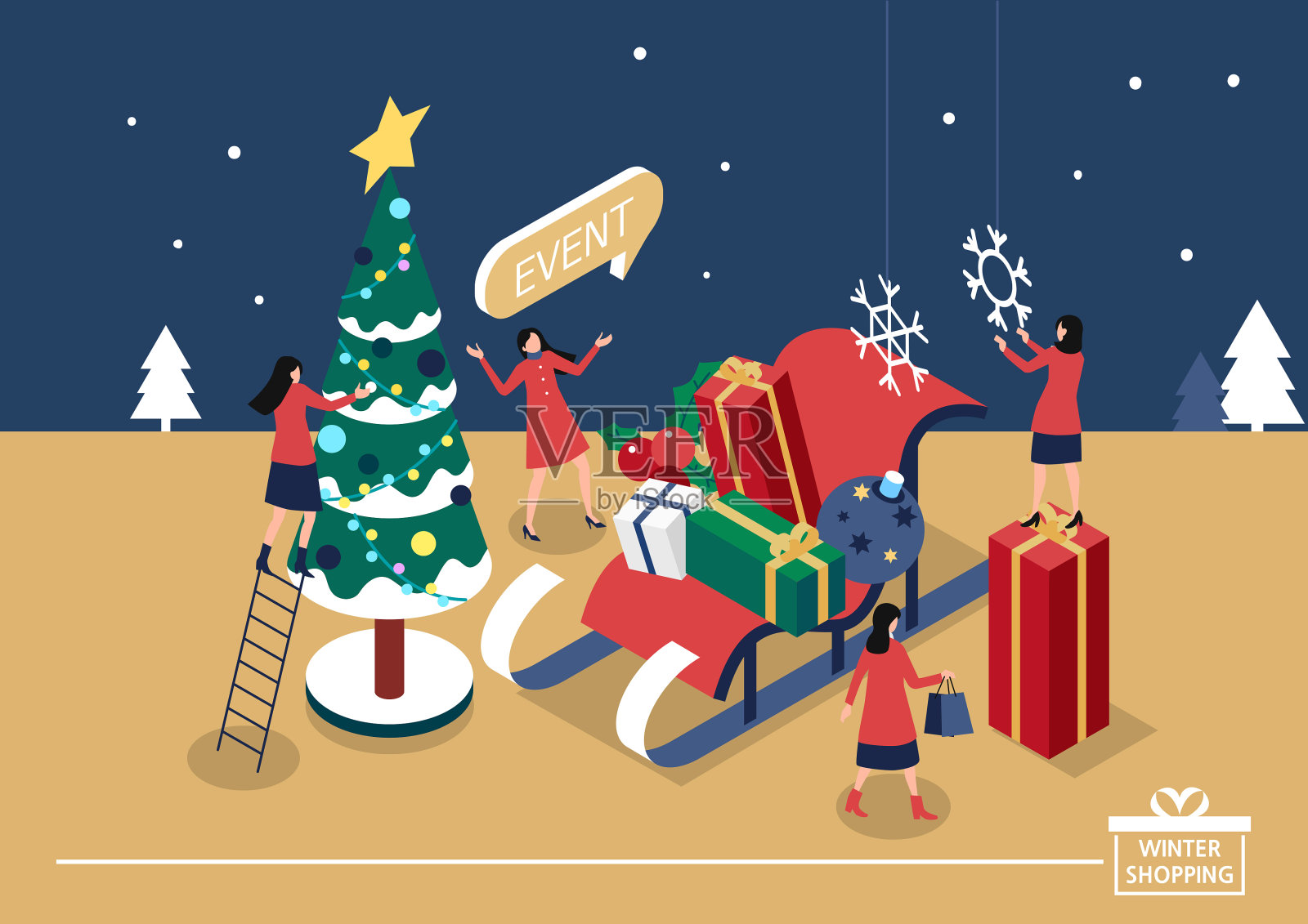 圣诞节，冰晶，圣诞树，礼物，购物，向量插画图片素材