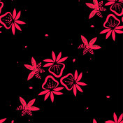 矢量无缝花红色模式在黑色背景与浆果和叶子。插画图片