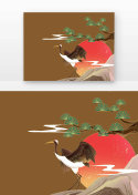 国潮仙鹤和松树夕阳元素符号图片