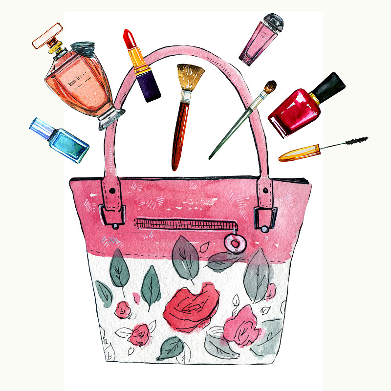 手绘水彩插图与粉色风俗化的女性包与鲜花，香水和化妆品图片素材