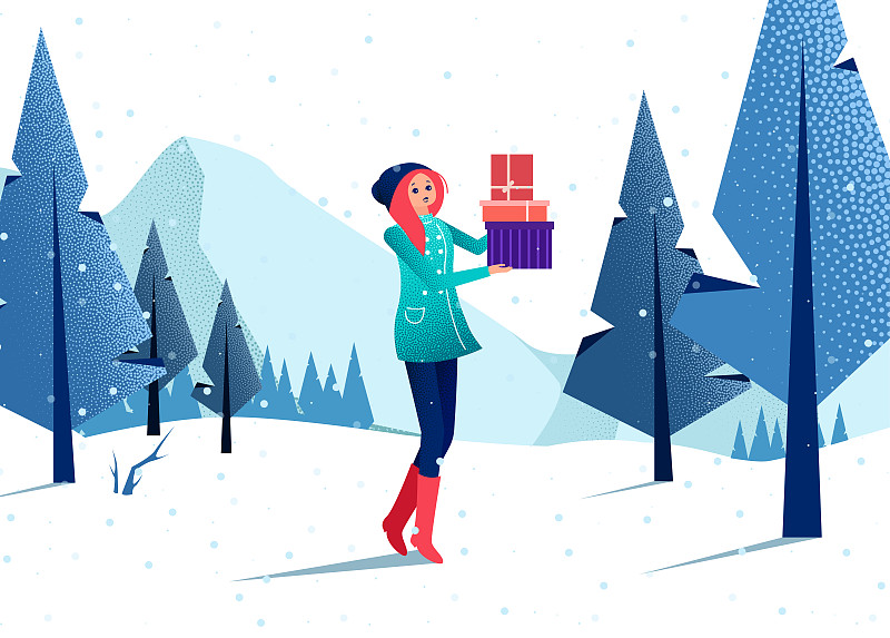 女孩带着礼物在森林里散步。冬天的风景。图片素材