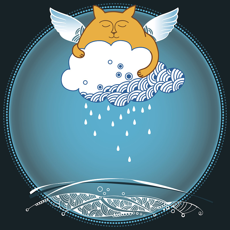 有趣的猫与下雨的云。卡通猫系列图片素材