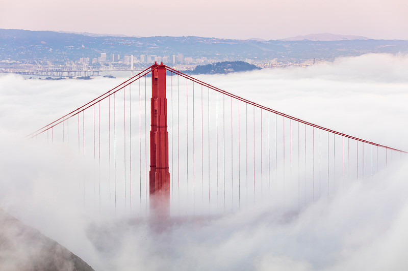 旧金山金门大桥塔，雾低图片下载