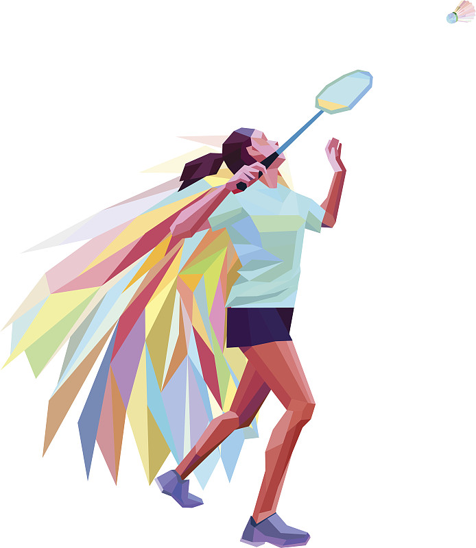 不寻常的彩色三角运动员。几何多边形职业女子羽毛球运动员图片素材