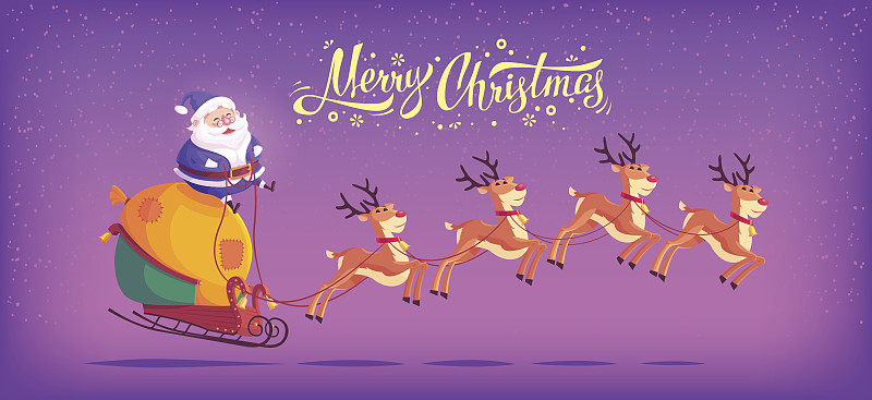 可爱的蓝色卡通圣诞老人骑着驯鹿雪橇图片素材