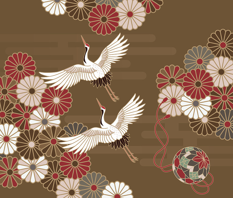 鹤和菊花日本传统图案图片下载