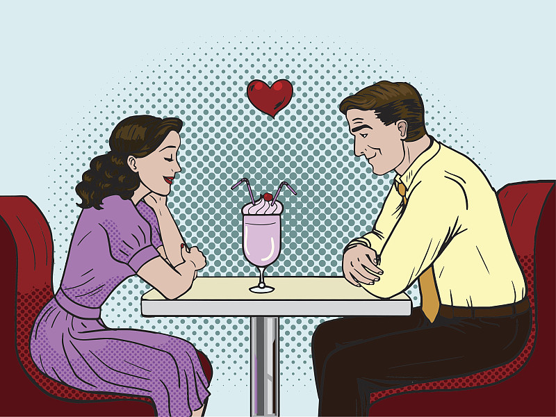 一对情侣在餐馆约会。波普艺术。图片下载