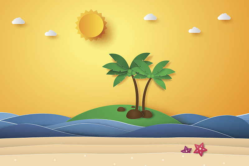 夏天，海面上有沙滩和椰子树图片素材