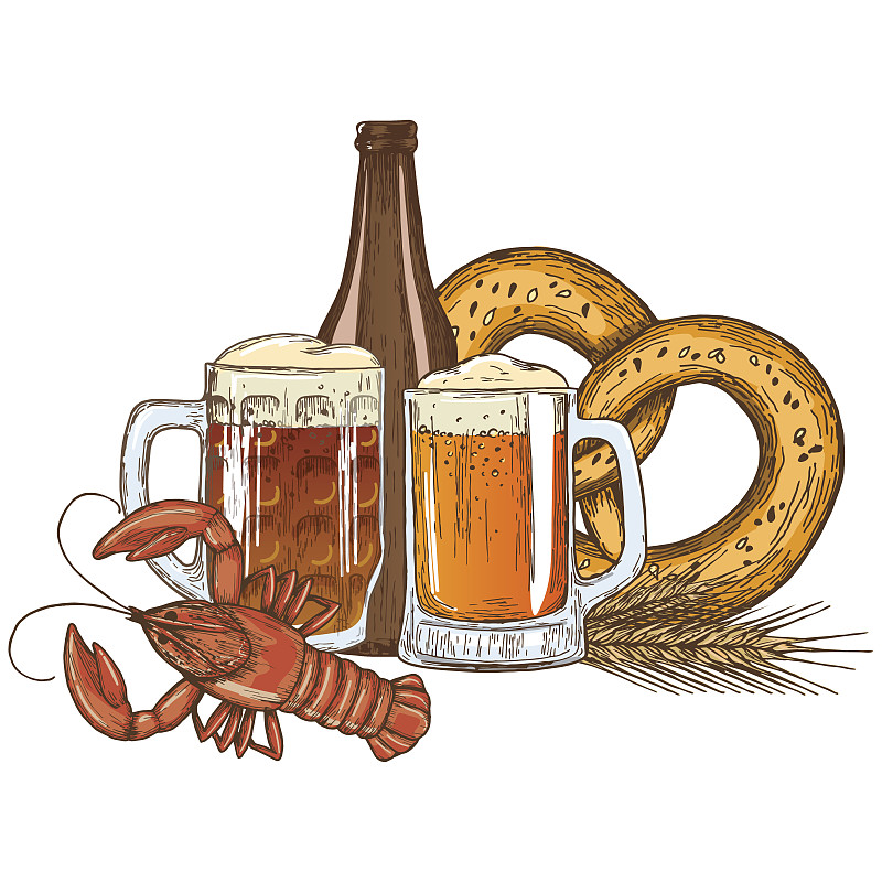 啤酒杯、瓶子和小龙虾图片下载