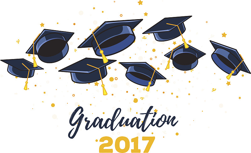 矢量插图的黑色毕业帽和黄色的纸屑在白色的背景。祝贺2017届毕业生。帽子扔了。图片下载