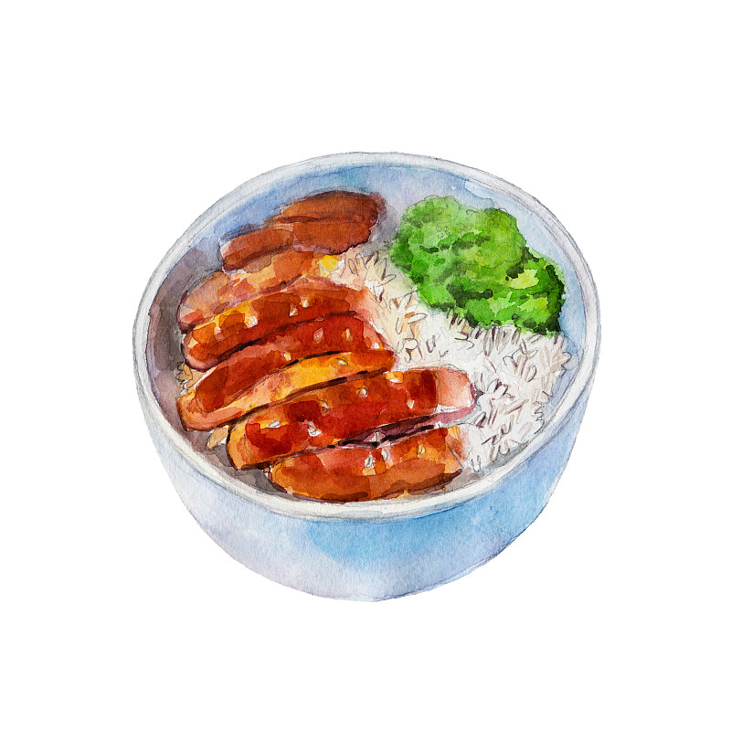 鸡红烧米饭和蔬菜，水彩插图孤立在白色背景。图片下载
