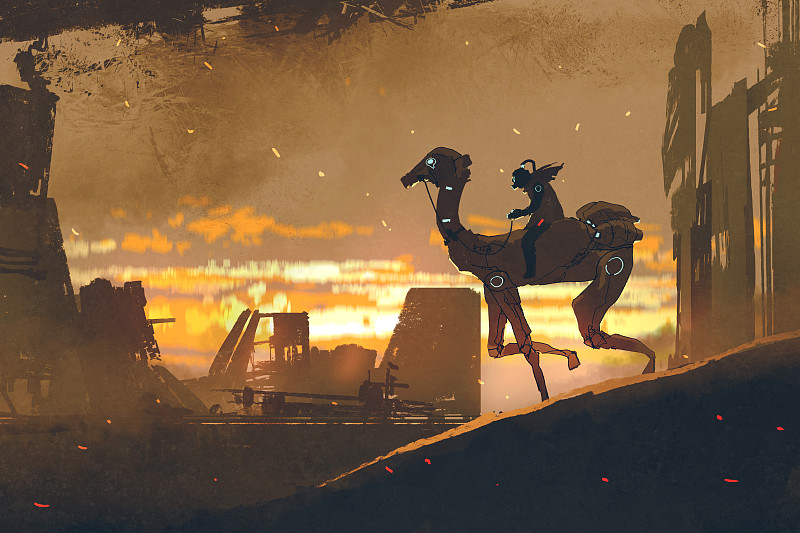在末日城市里骑着未来派骆驼的人图片下载