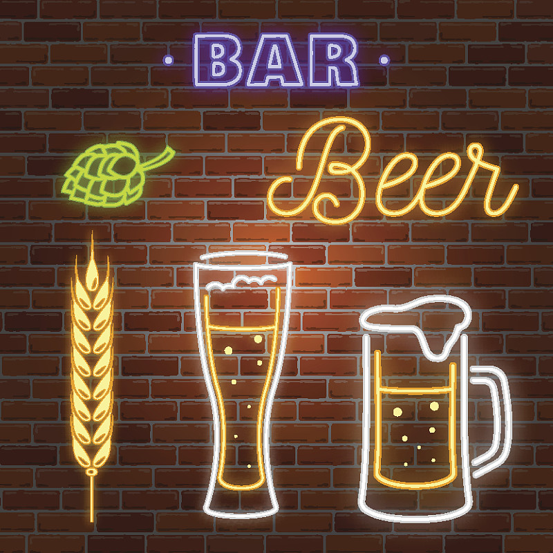 复古霓虹啤酒酒吧标志在砖墙背景图片素材