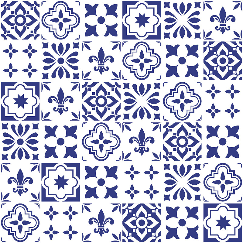 几何矢量瓷砖设计，葡萄牙或西班牙无缝海军蓝瓷砖，阿苏莱荷斯图案图片下载