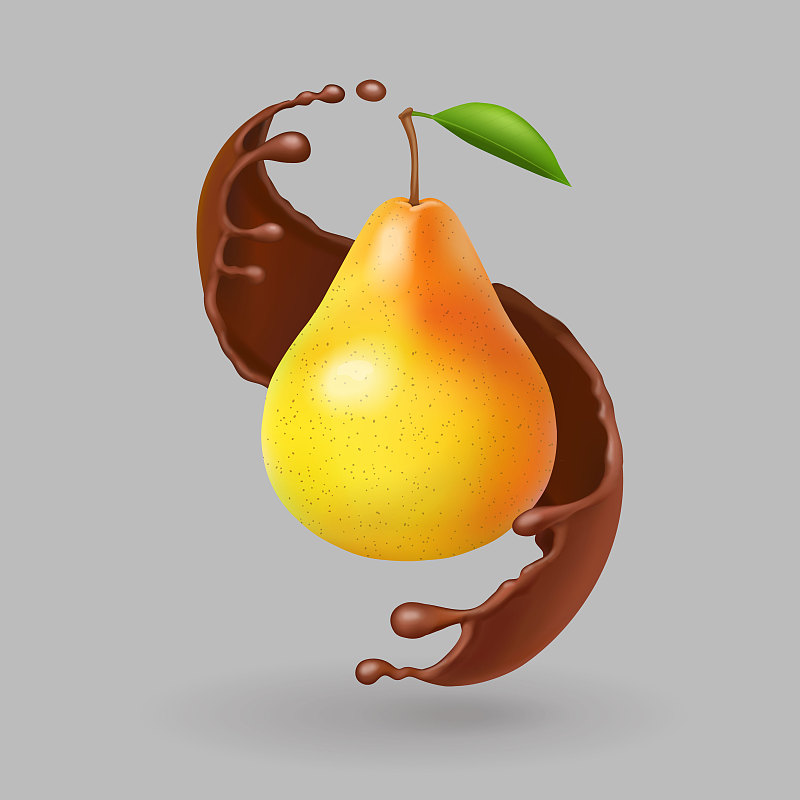 梨子逼真的水果在巧克力飞溅。向量图片素材