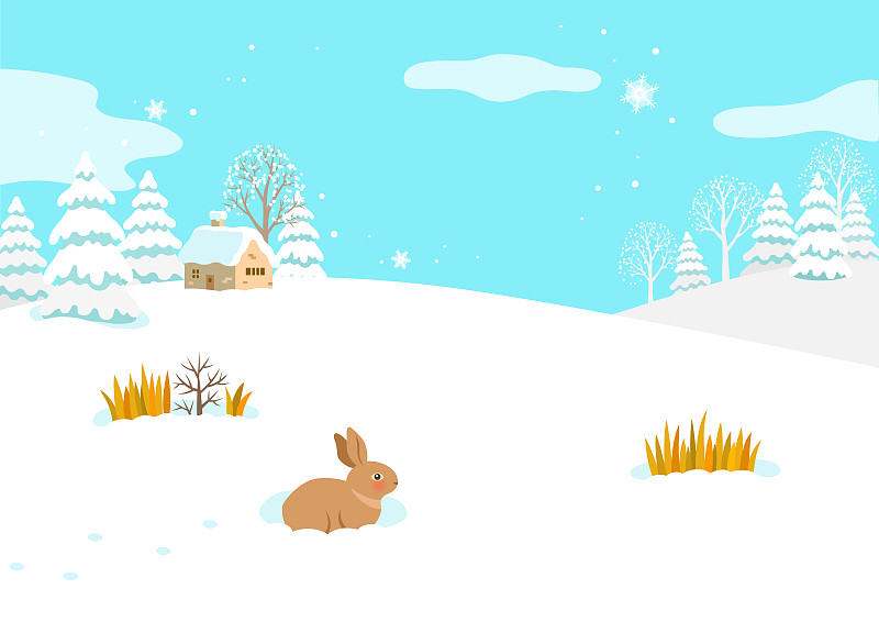 冬天的风景有雪房子和兔子图片素材