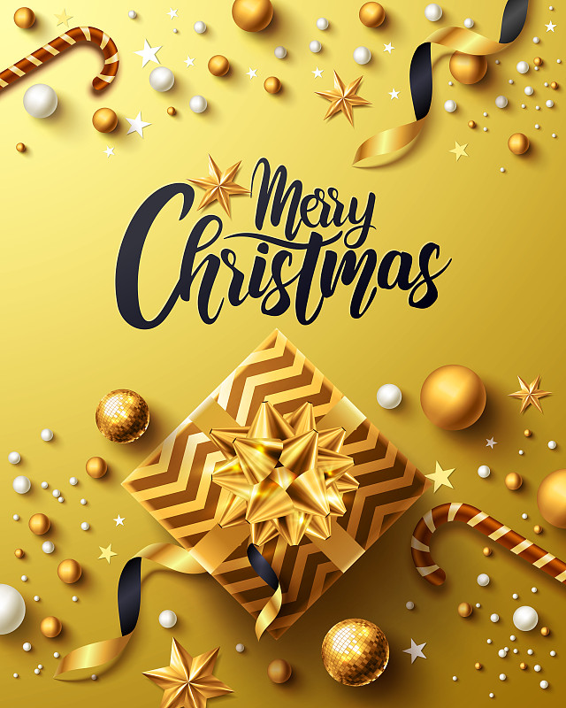圣诞及新年金海报配以金色礼盒、彩带及圣诞装饰元素，以金色风格供零售、购物或圣诞促销之用。矢量图素材