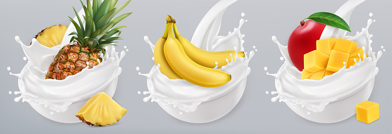 水果酸奶。香蕉、芒果、菠萝和牛奶喷雾。3d现实的矢量图标集素材